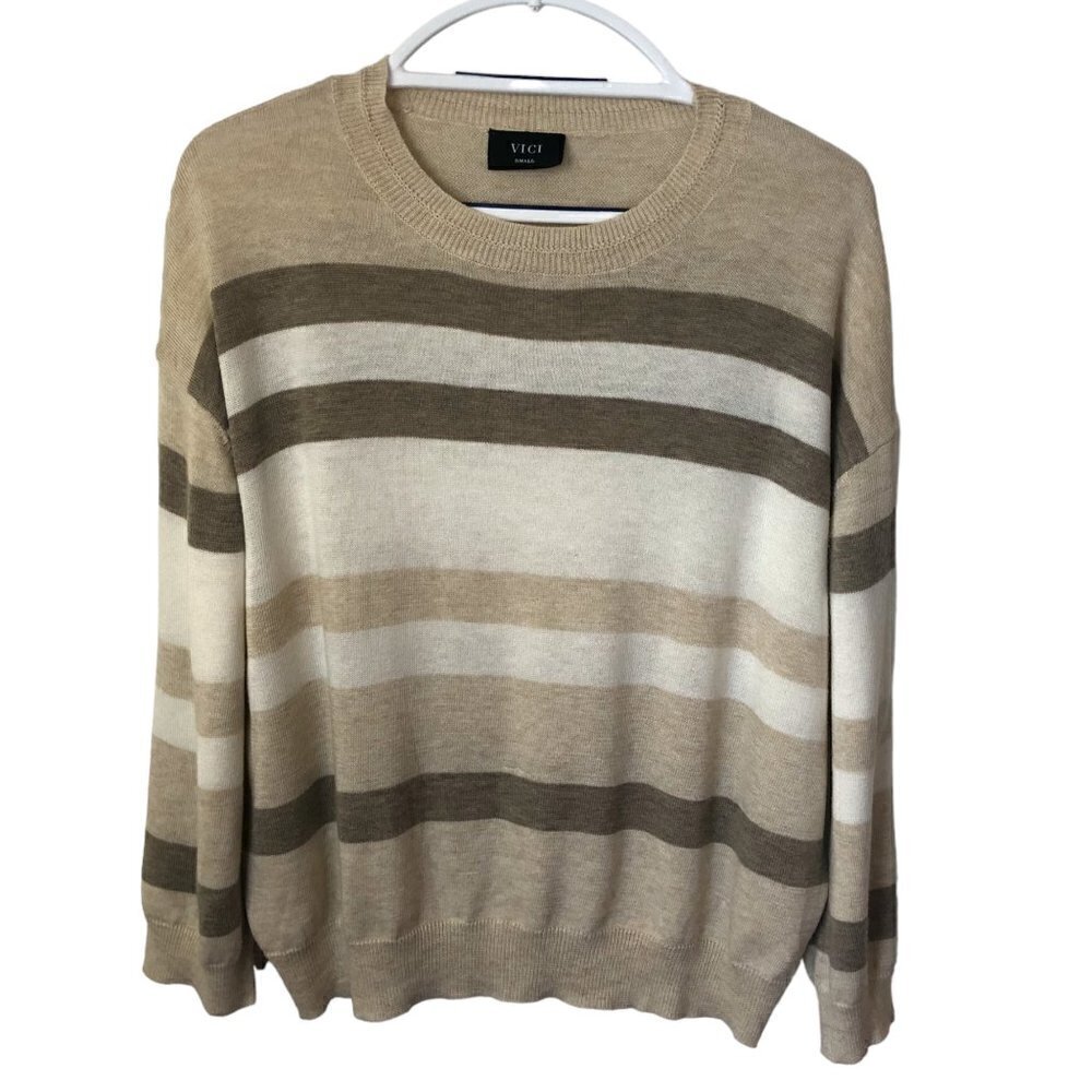 VICI Crew Neck Sweater Lightweight Beige/Ivory Striped Long Sleeve Womens Size S
